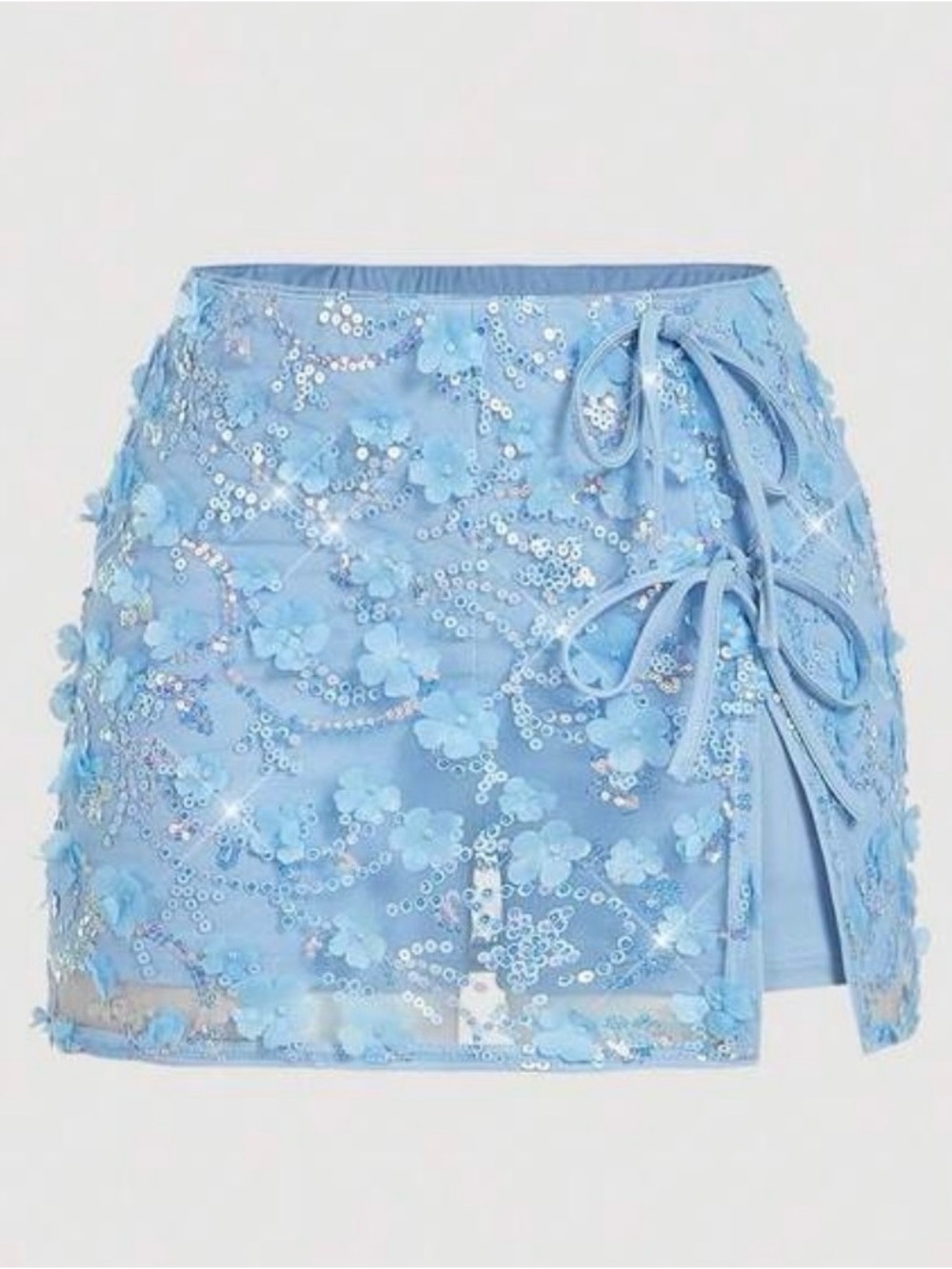 SHEIN Light Blue 3D Floral Sequin Mini Skort